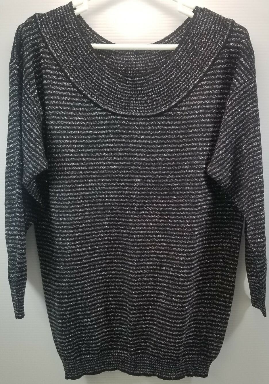 Woman's Jimmy Garcia New York Black Sparkly Silver Striped Shirt Blouse Medium